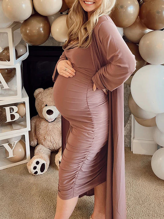Ruched Cowl Neck Two Piece Spaghetti Strap Long Dress And Duster Coat Long Sleeve Babyshower Maternity Maxi Dress