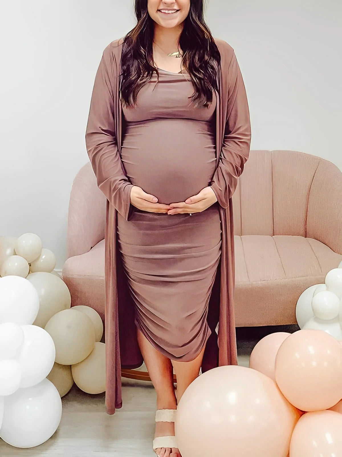Ruched Cowl Neck Two Piece Spaghetti Strap Long Dress And Duster Coat Long Sleeve Babyshower Maternity Maxi Dress