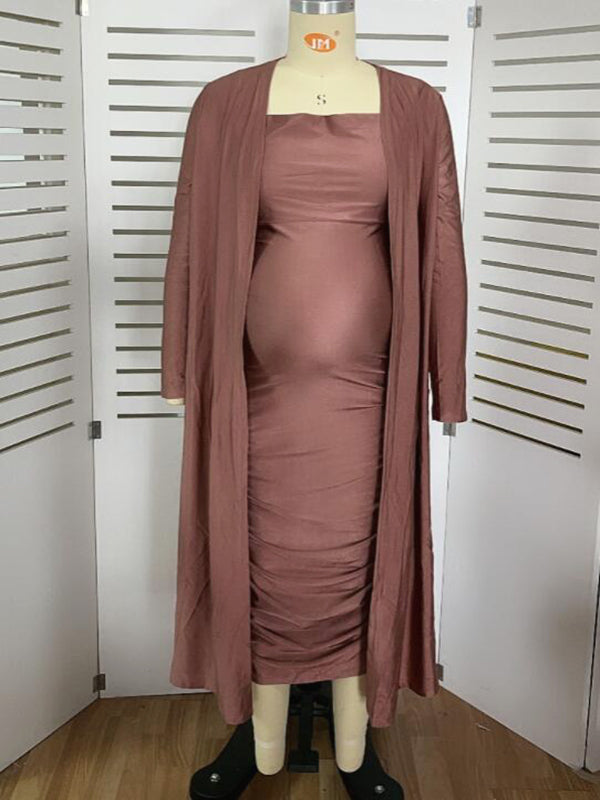 Ruched Cowl Neck Two Piece Spaghetti Strap Long Dress And Duster Coat Long Sleeve Babyshower Maternity Maxi Dress
