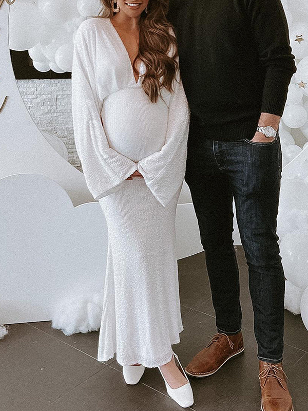 Belly Friendly Sequin Mermaid V-neck Dolman Sleeve Babyshower Maternity Maxi Dress