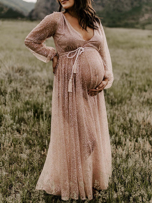 Belly Friendly V-neck Glitter Pleated Belt Boho Evening Photoshoot Babyshower Maternity Maxi Dress