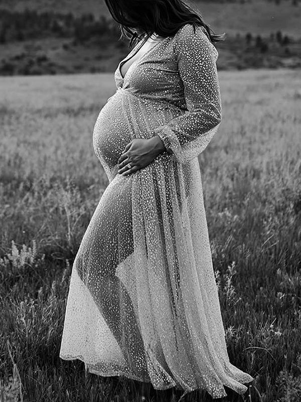 Belly Friendly V-neck Glitter Pleated Belt Boho Evening Photoshoot Babyshower Maternity Maxi Dress