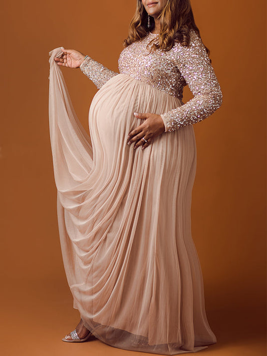 Sequin Tulle Splicing Long Sleeve Party Gown Photoshoot Maternity Baby Shower Maxi Dress