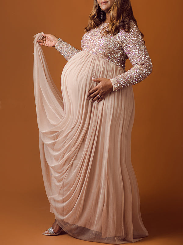 Sequin Tulle Splicing Long Sleeve Party Gown Photoshoot Maternity Baby Shower Maxi Dress