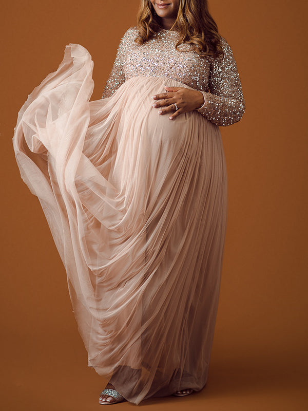Sequin Tulle Splicing Long Sleeve Party Gown Photoshoot Maternity Baby Shower Maxi Dress