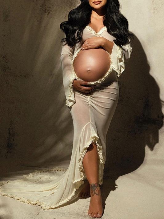 Ivory Sheer Ruffle Cut Out Crop Slit Falbala Deep V-neck Mermaid Elegant Maternity Photoshoot Maxi Dress