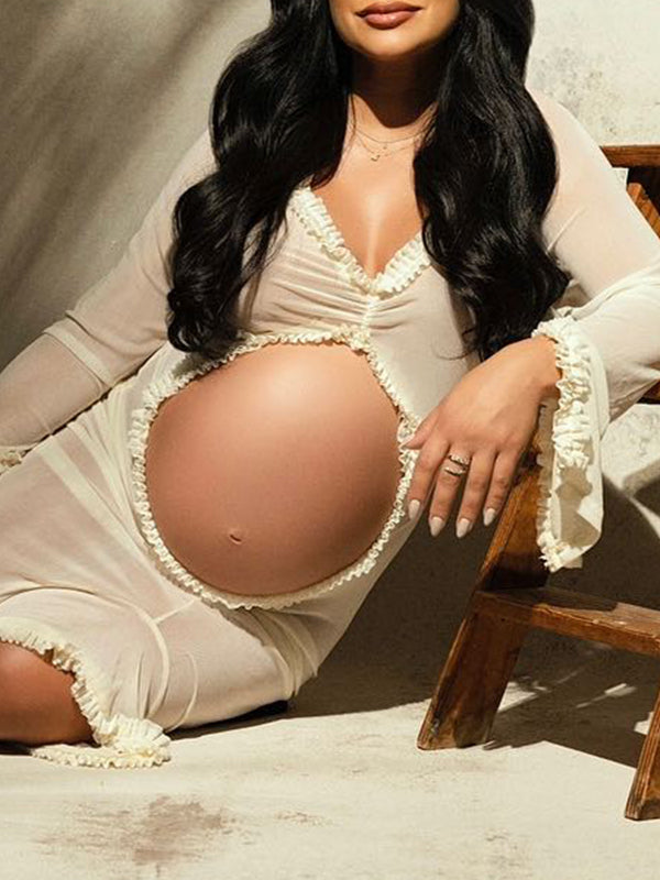 Ivory Sheer Ruffle Cut Out Crop Slit Falbala Deep V-neck Mermaid Elegant Maternity Photoshoot Maxi Dress