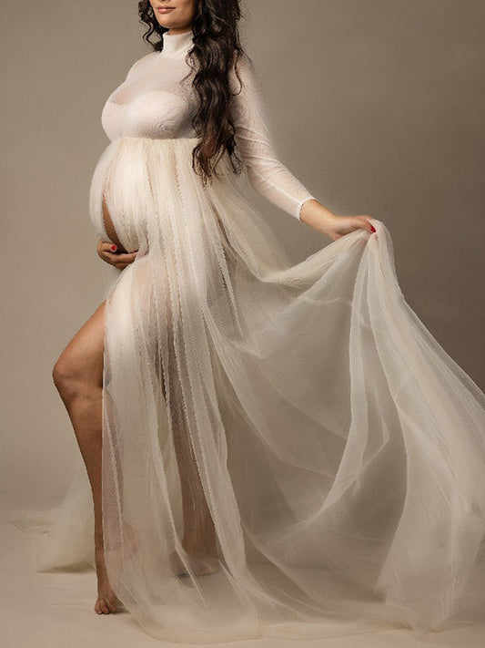 Tulle Open Belly Mesh Turtleneck Sheer Fluffy Robe Elegant Maternity Photoshoot Maxi Dress