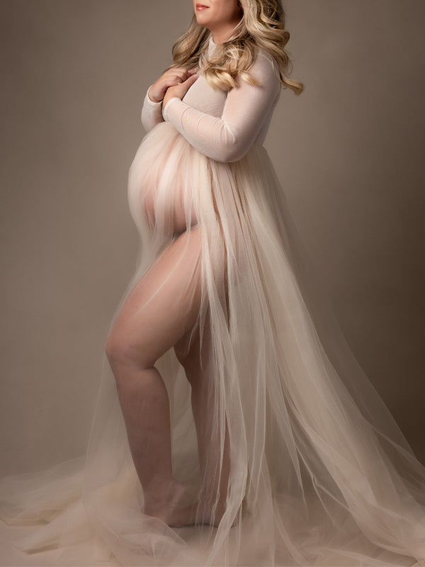 Tulle Open Belly Mesh Turtleneck Sheer Fluffy Robe Elegant Maternity Photoshoot Maxi Dress