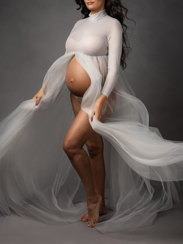 Tulle Open Belly Mesh Turtleneck Sheer Fluffy Robe Elegant Maternity Photoshoot Maxi Dress