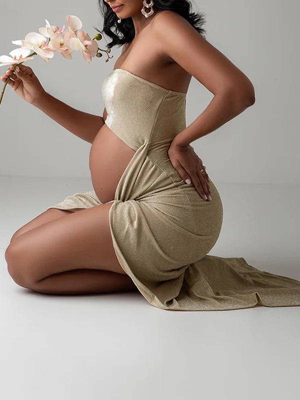 Bright Wire Cut Out Bandeau Side Slit Photoshoot Maternity Maxi Dress