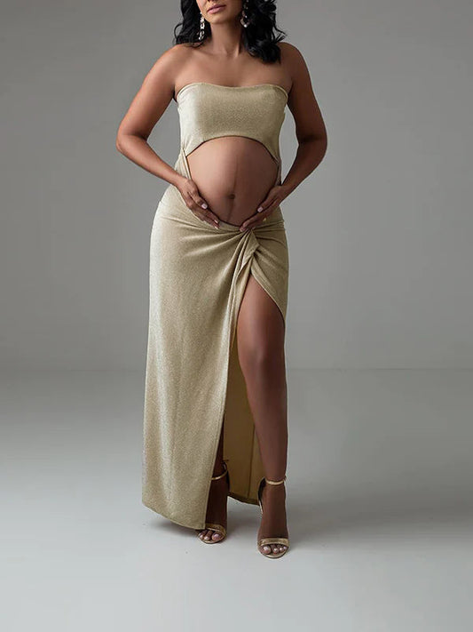 Bright Wire Cut Out Bandeau Side Slit Photoshoot Maternity Maxi Dress