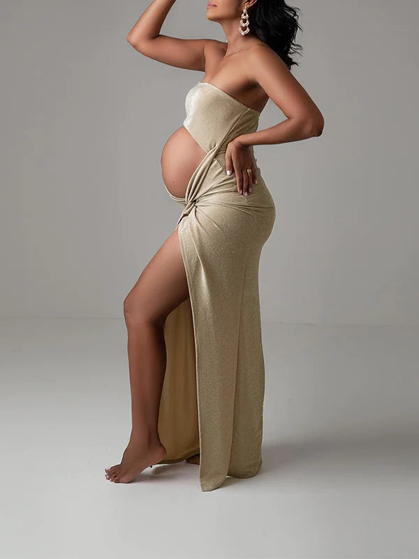Bright Wire Cut Out Bandeau Side Slit Photoshoot Maternity Maxi Dress