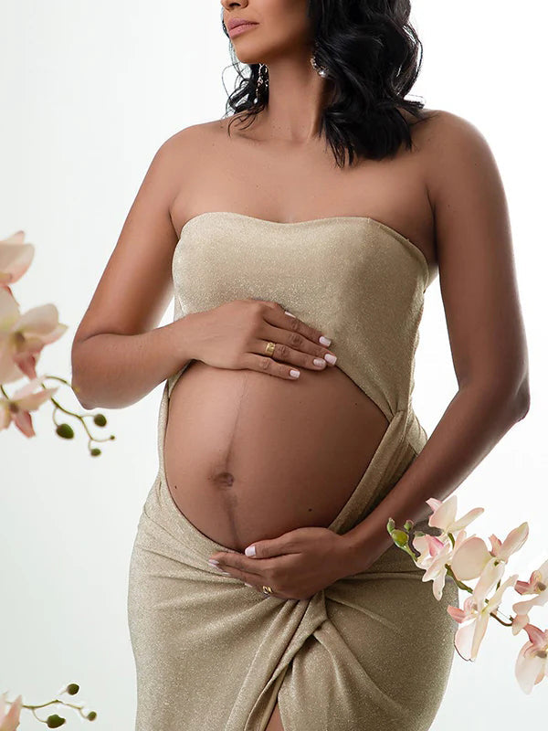 Bright Wire Cut Out Bandeau Side Slit Photoshoot Maternity Maxi Dress