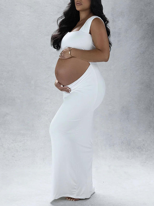 White Cut Out Irregular Crop Cap Sleeve Bodycon Photoshoot Maternity Maxi Dress