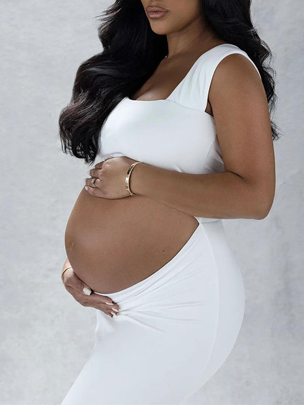 White Cut Out Irregular Crop Cap Sleeve Bodycon Photoshoot Maternity Maxi Dress