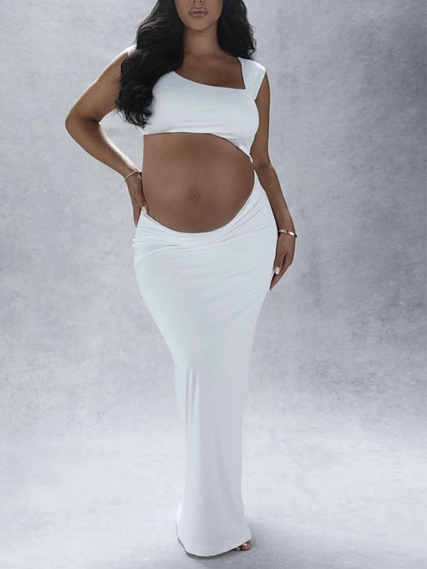 White Cut Out Irregular Crop Cap Sleeve Bodycon Photoshoot Maternity Maxi Dress