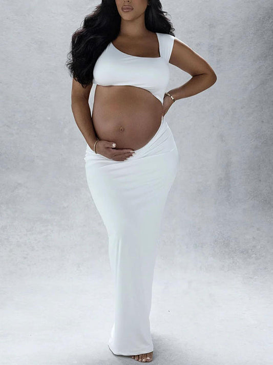 White Cut Out Irregular Crop Cap Sleeve Bodycon Photoshoot Maternity Maxi Dress