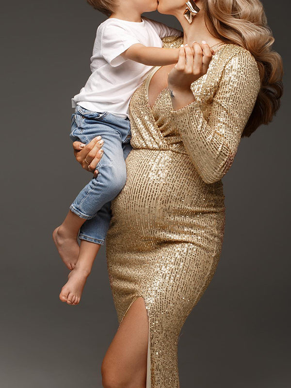 Golden Glitter Sequin Side Slit V-neck Elegant Eevning Gown Maternity Photoshoot Baby Shower Party Maxi Dress