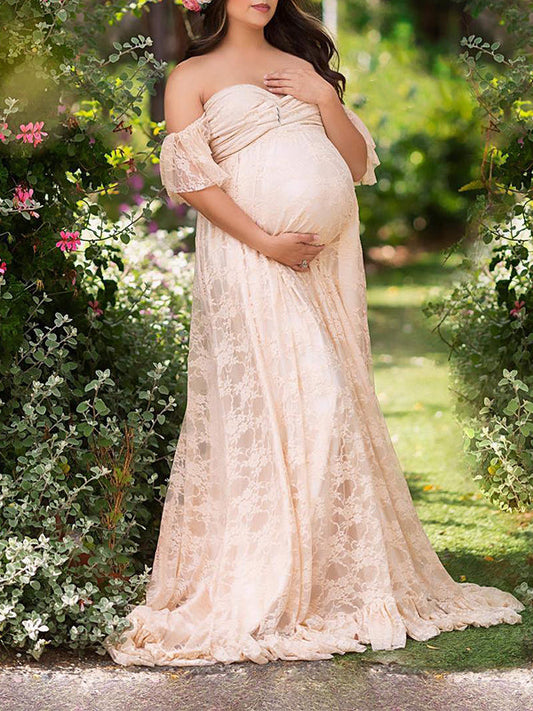 Solid Color Lace Off Shoulder Cap Sleeve Photoshoot Maternity Maxi Dress
