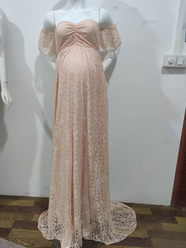 Solid Color Lace Off Shoulder Cap Sleeve Photoshoot Maternity Maxi Dress