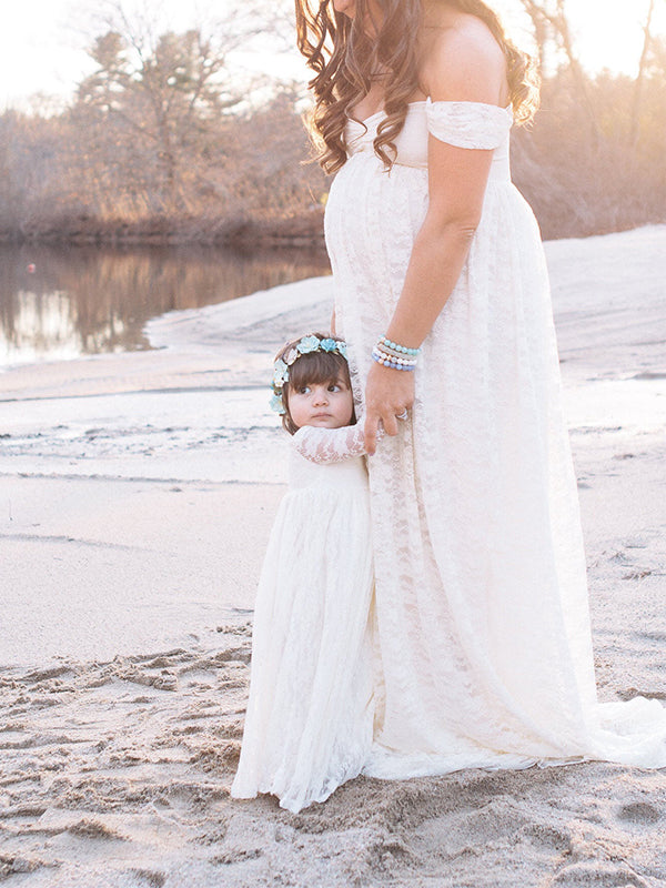 Solid Color Lace Off Shoulder Cap Sleeve Photoshoot Maternity Maxi Dress