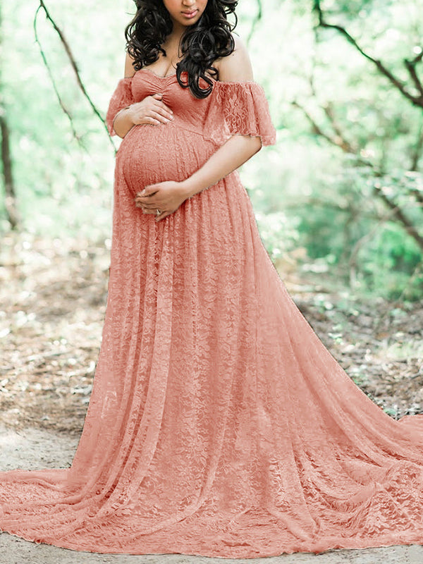 Solid Color Lace Off Shoulder Cap Sleeve Photoshoot Maternity Maxi Dress