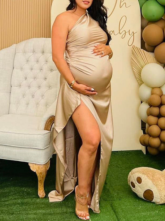 Champagne Gold One Shoulder Backless Side Slit Satin Evening Babyshower Maternity Maxi Dress