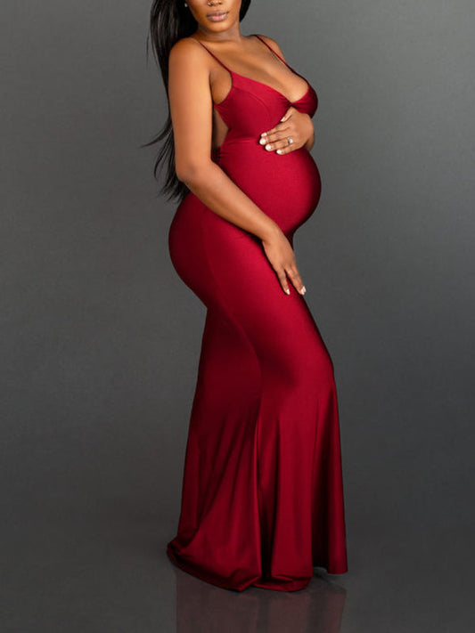 Red Spaghetti Strap Backless Bodycon Mermaid Evening Gown Photoshoot Maternity Maxi Dress