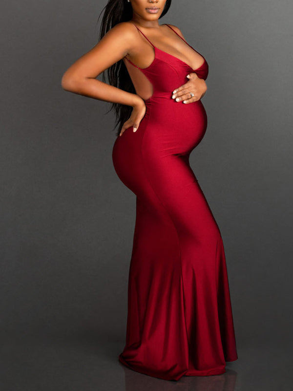 Red Spaghetti Strap Backless Bodycon Mermaid Evening Gown Photoshoot Maternity Maxi Dress