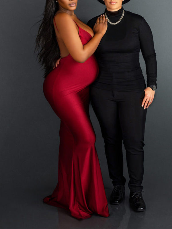 Red Spaghetti Strap Backless Bodycon Mermaid Evening Gown Photoshoot Maternity Maxi Dress