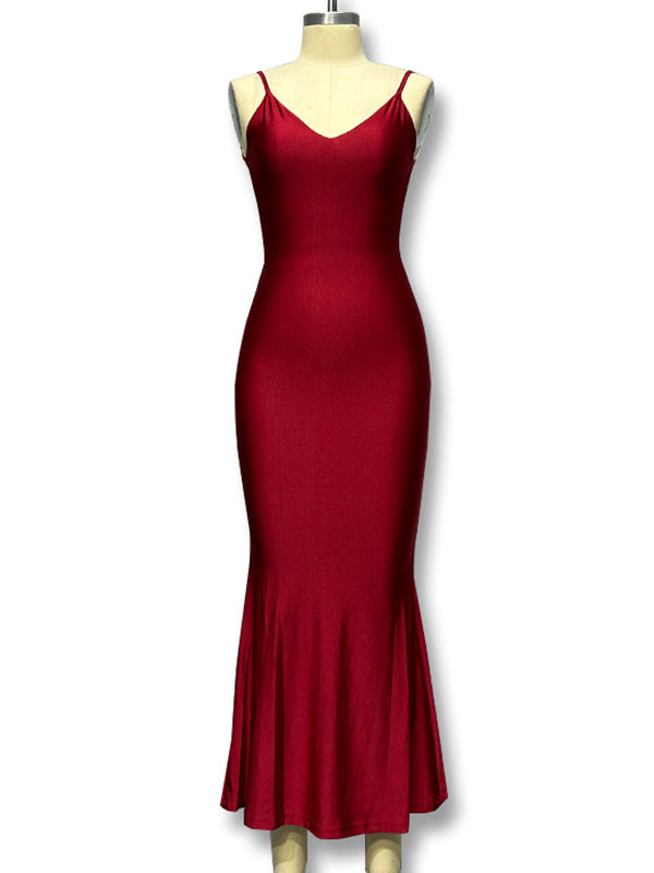 Red Spaghetti Strap Backless Bodycon Mermaid Evening Gown Photoshoot Maternity Maxi Dress