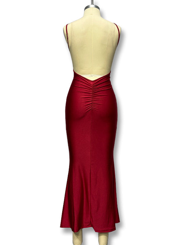 Red Spaghetti Strap Backless Bodycon Mermaid Evening Gown Photoshoot Maternity Maxi Dress