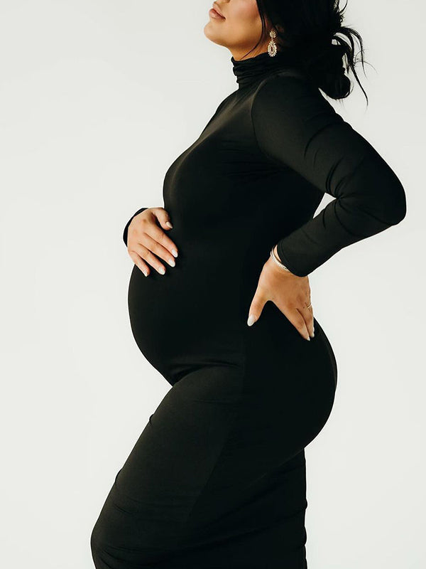 Solid Color High Neck Bodycon Mermaid Photoshoot Maternity Maxi Dress
