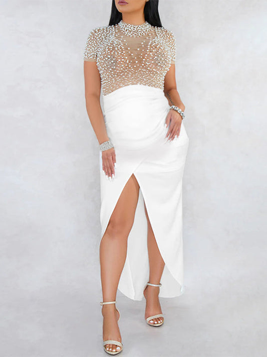 Mesh Splicing Pearl Bodycon Split Cocktail Party Gowns Baby Shower Maternity Maxi Dress