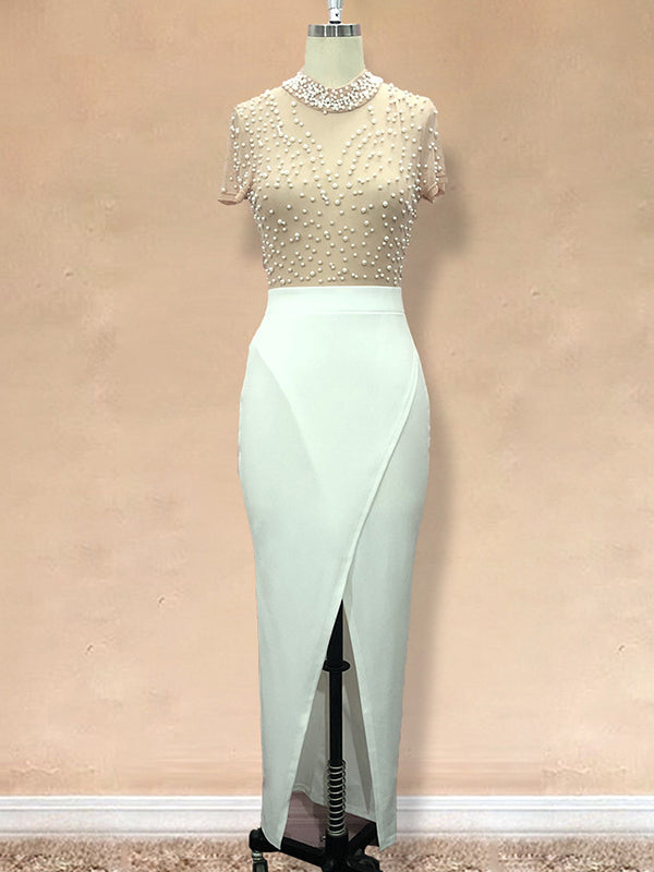 Mesh Splicing Pearl Bodycon Split Cocktail Party Gowns Baby Shower Maternity Maxi Dress