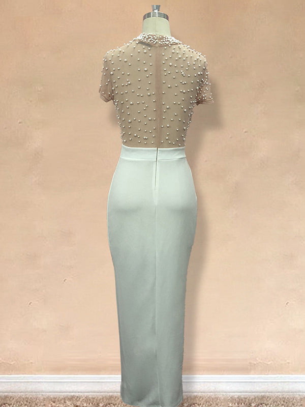Mesh Splicing Pearl Bodycon Split Cocktail Party Gowns Baby Shower Maternity Maxi Dress