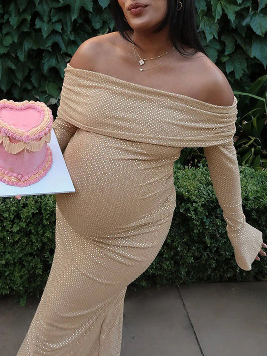 Khaki Diamond Rhinestone Off Shoulder Flare Sleeve Bodycon Elegant Evening Gown Maternity Photoshoot Baby Shower Maxi Dress