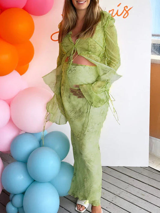 2 Piece Mesh Print Ruffle Tie Slit Flare Sleeve Vacation Photoshoot Baby Shower Maternity Maxi Dress