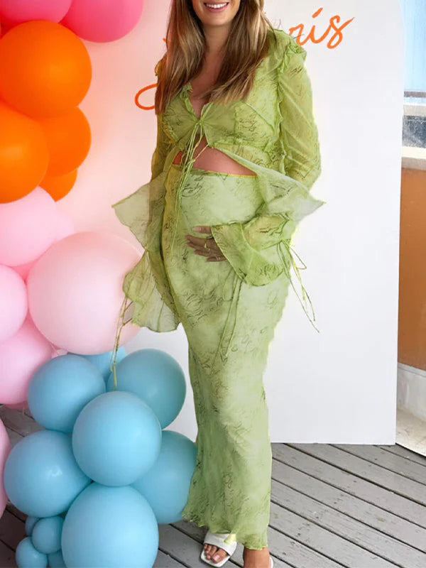 2 Piece Mesh Print Ruffle Tie Slit Flare Sleeve Vacation Photoshoot Baby Shower Maternity Maxi Dress
