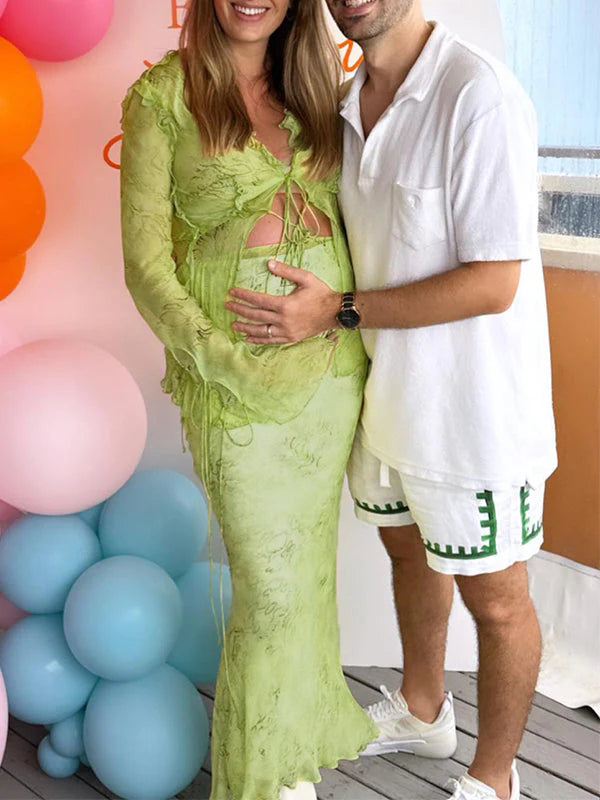2 Piece Mesh Print Ruffle Tie Slit Flare Sleeve Vacation Photoshoot Baby Shower Maternity Maxi Dress