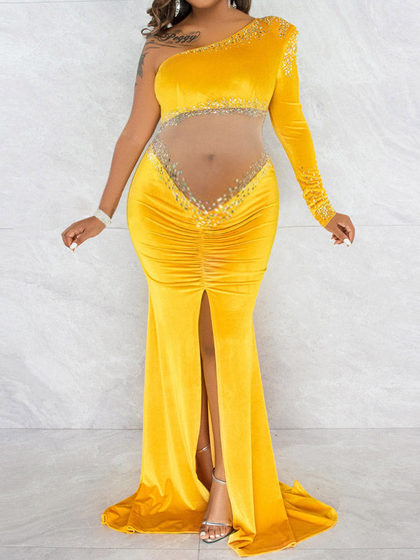 Elegant Velvet Side Slit Rhinestones Sparkly Grenadine Transparent Mermaid Floor Mopping Maternity Occasion Maxi Dress