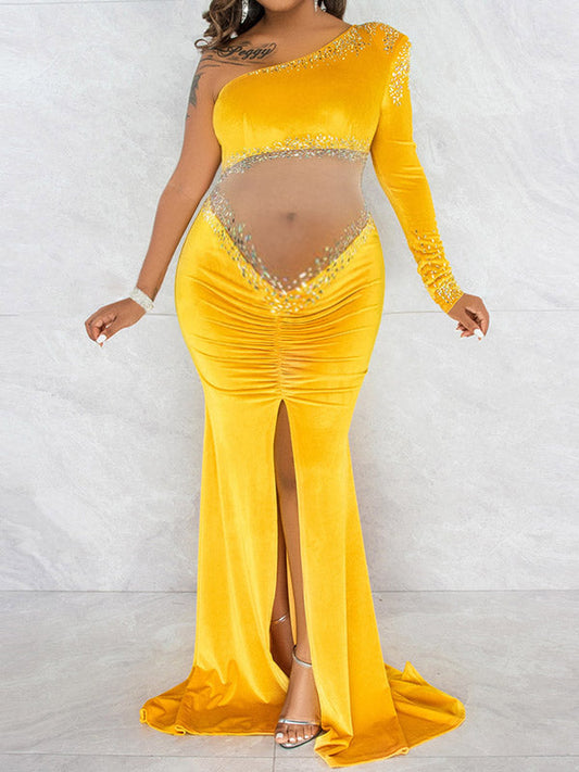 Elegant Velvet Side Slit Rhinestones Sparkly Grenadine Transparent Mermaid Floor Mopping Maternity Occasion Maxi Dress