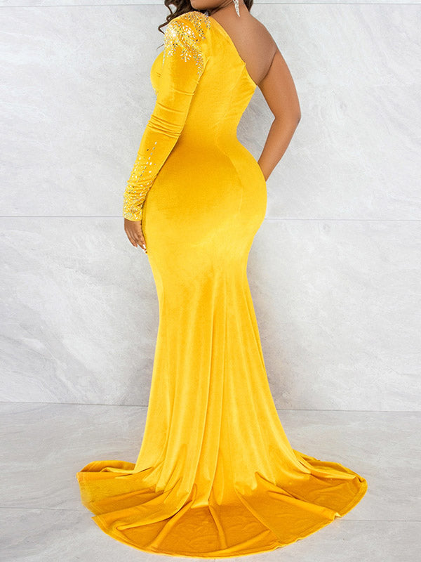 Elegant Velvet Side Slit Rhinestones Sparkly Grenadine Transparent Mermaid Floor Mopping Maternity Occasion Maxi Dress