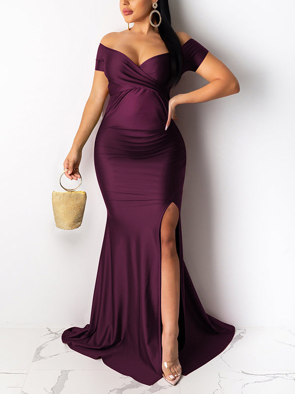 Solid Color Off Shoulder Side Slit Bodycon Mermaid Prom Evening Party Gwon Maternity Maxi Dress