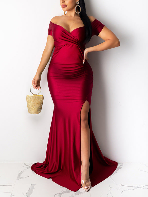 Solid Color Off Shoulder Side Slit Bodycon Mermaid Prom Evening Party Gwon Maternity Maxi Dress