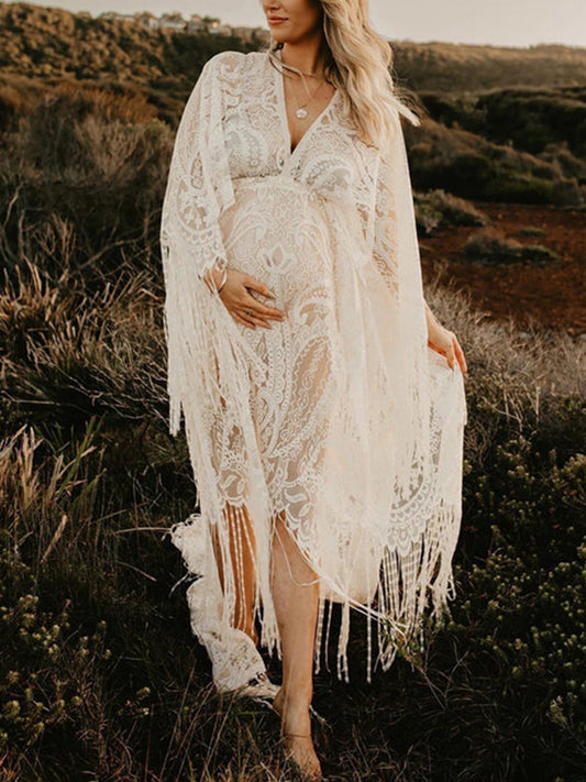 Lace White Tassel Bohemian Sheer High Waist Flare Sleeve Photoshoot Maternity Maxi Dress