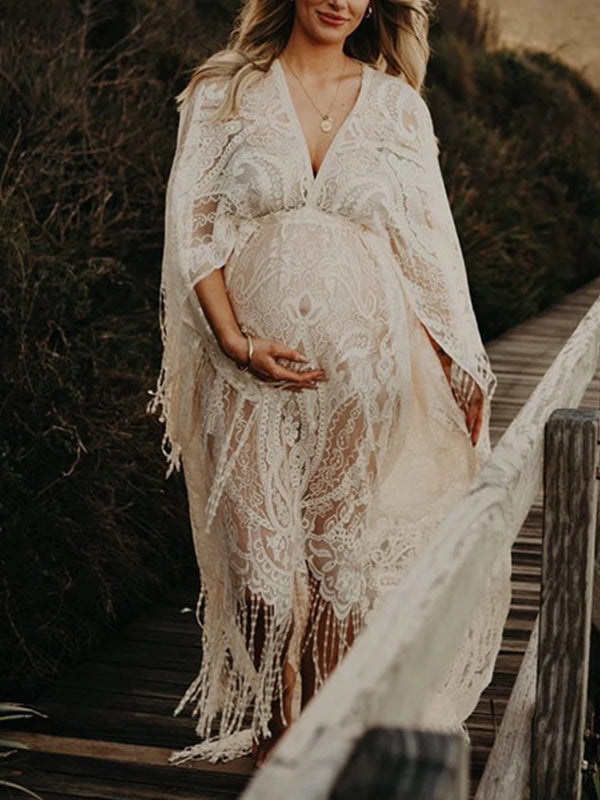 Lace White Tassel Bohemian Sheer High Waist Flare Sleeve Photoshoot Maternity Maxi Dress
