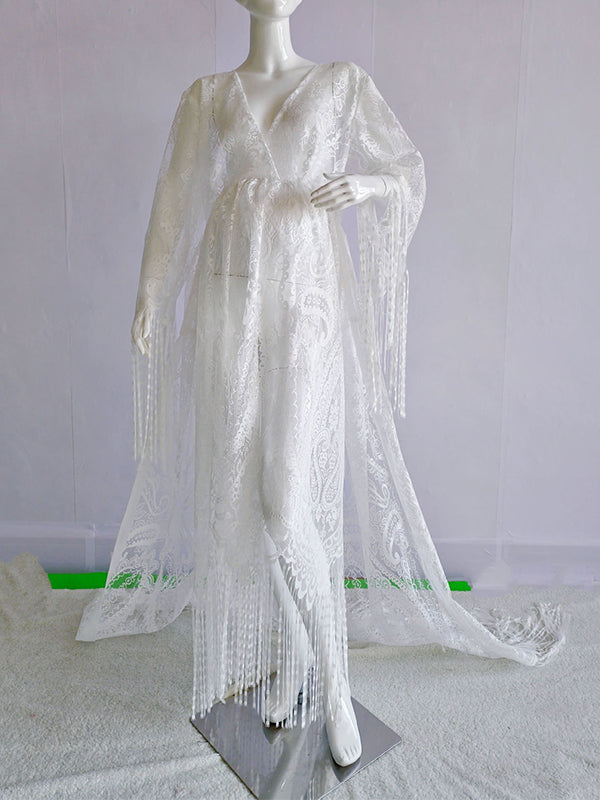 Lace White Tassel Bohemian Sheer High Waist Flare Sleeve Photoshoot Maternity Maxi Dress