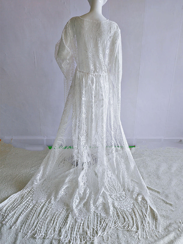 Lace White Tassel Bohemian Sheer High Waist Flare Sleeve Photoshoot Maternity Maxi Dress